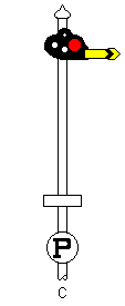red pointed semaphore with number plate, P sign below all