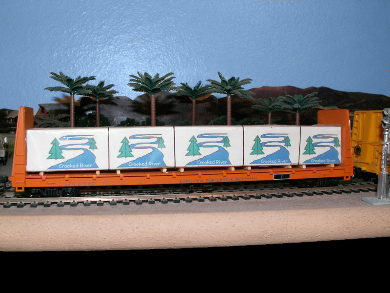 lumber from crooked river  on a LPN bulkhead flat car